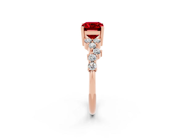 Rose gold Emerald Cut Ruby Scattered Round Accent Ring with Prong Setting