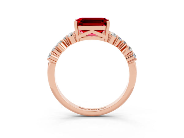 Rose gold Emerald Cut Ruby Scattered Round Accent Ring with Prong Setting
