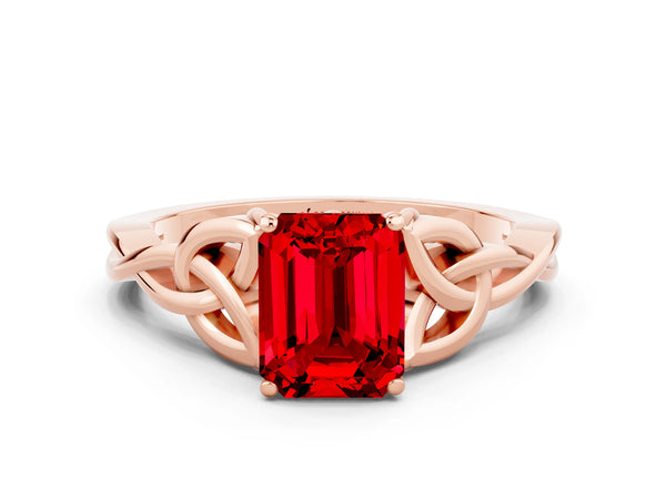 Rose gold Emerald Cut Ruby Solitaire Celtic Knot Ring with Four-Prong Setting