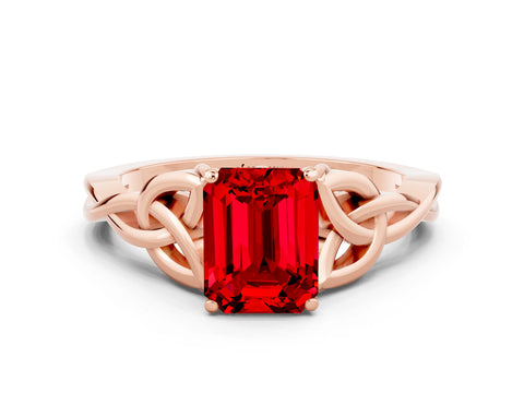 Rose gold Emerald Cut Ruby Solitaire Celtic Knot Ring with Four-Prong Setting_12