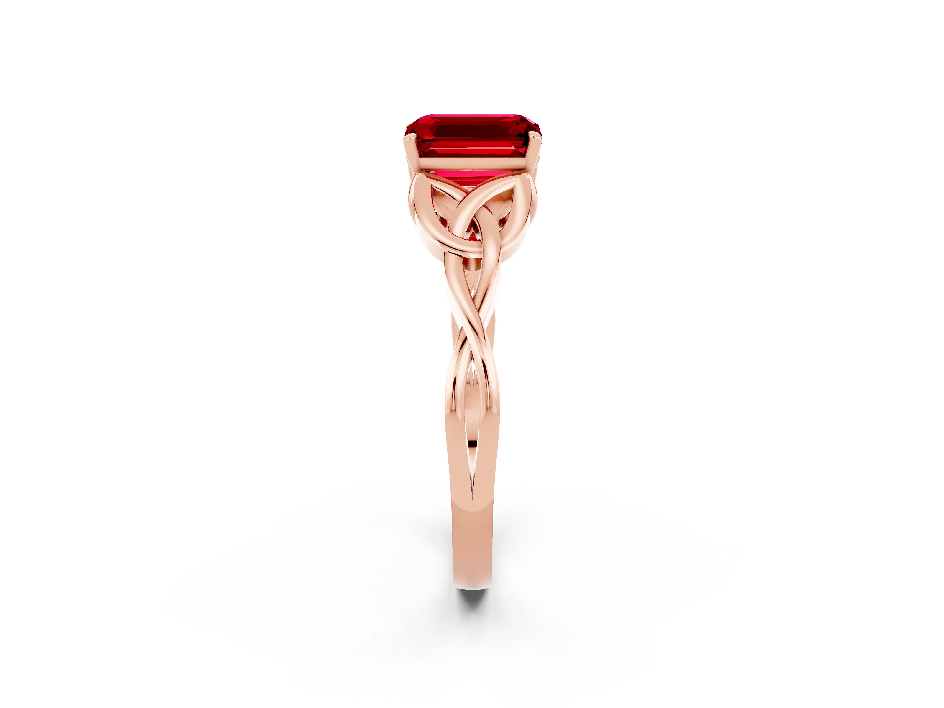 Rose gold Emerald Cut Ruby Solitaire Celtic Knot Ring with Four-Prong Setting_14