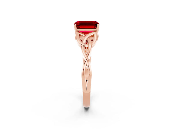 Rose gold Emerald Cut Ruby Solitaire Celtic Knot Ring with Four-Prong Setting