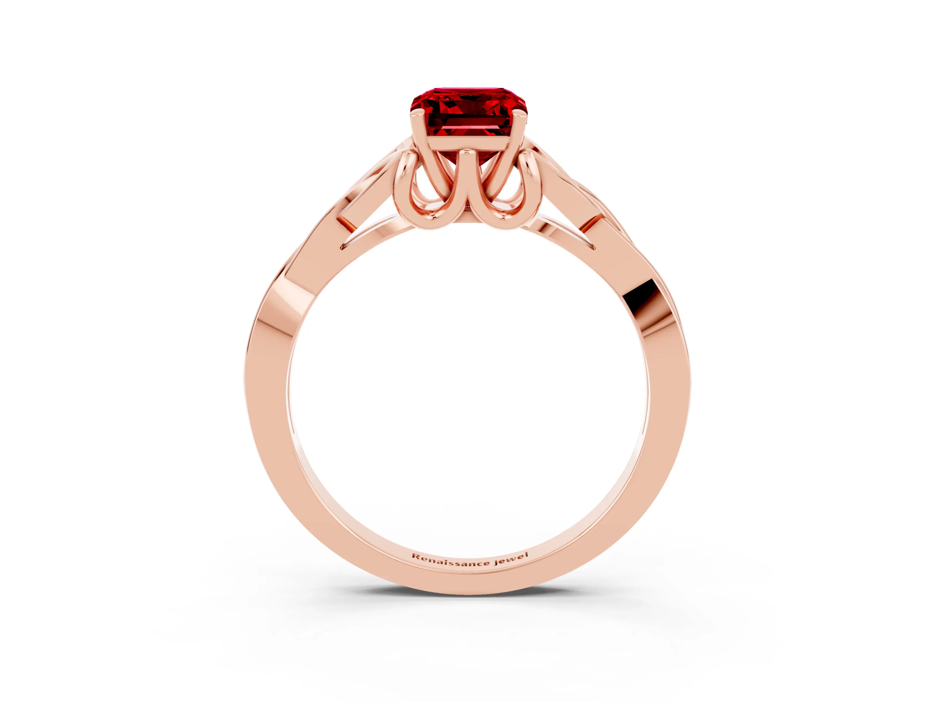Rose gold Emerald Cut Ruby Solitaire Celtic Knot Ring with Four-Prong Setting_15