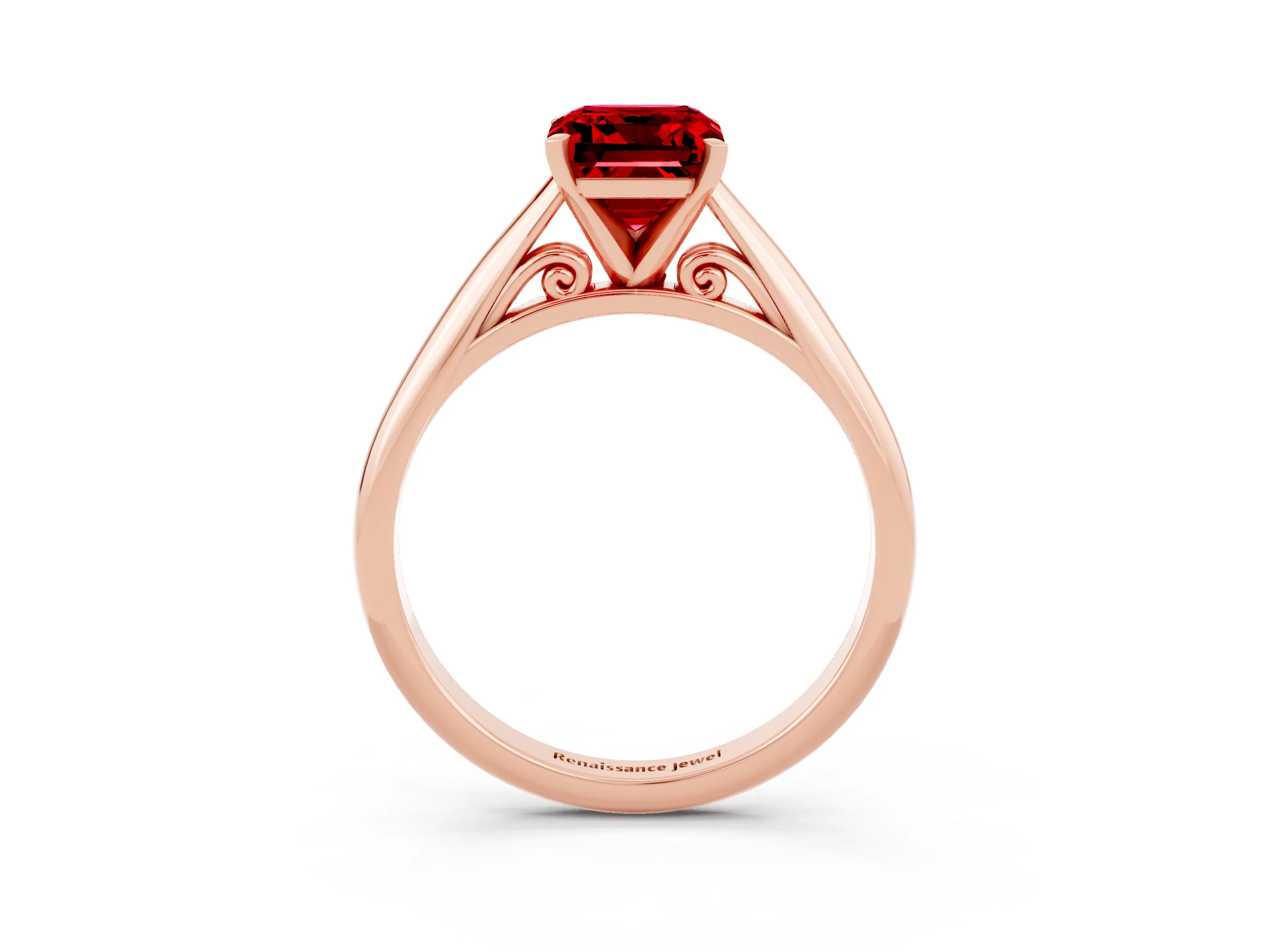Rose gold Emerald Cut Ruby Solitaire Engagement Ring with Cathedral Setting and Four-Prong Mount_15