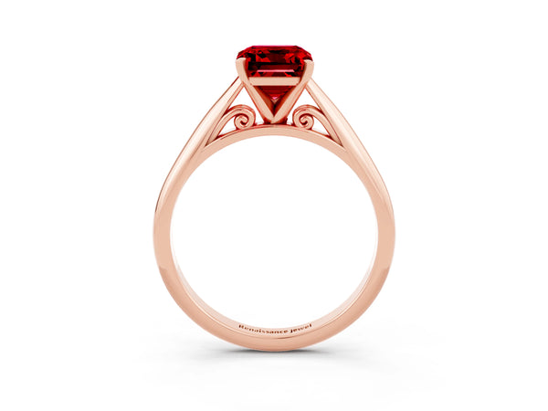 Rose gold Emerald Cut Ruby Solitaire Engagement Ring with Cathedral Setting and Four-Prong Mount