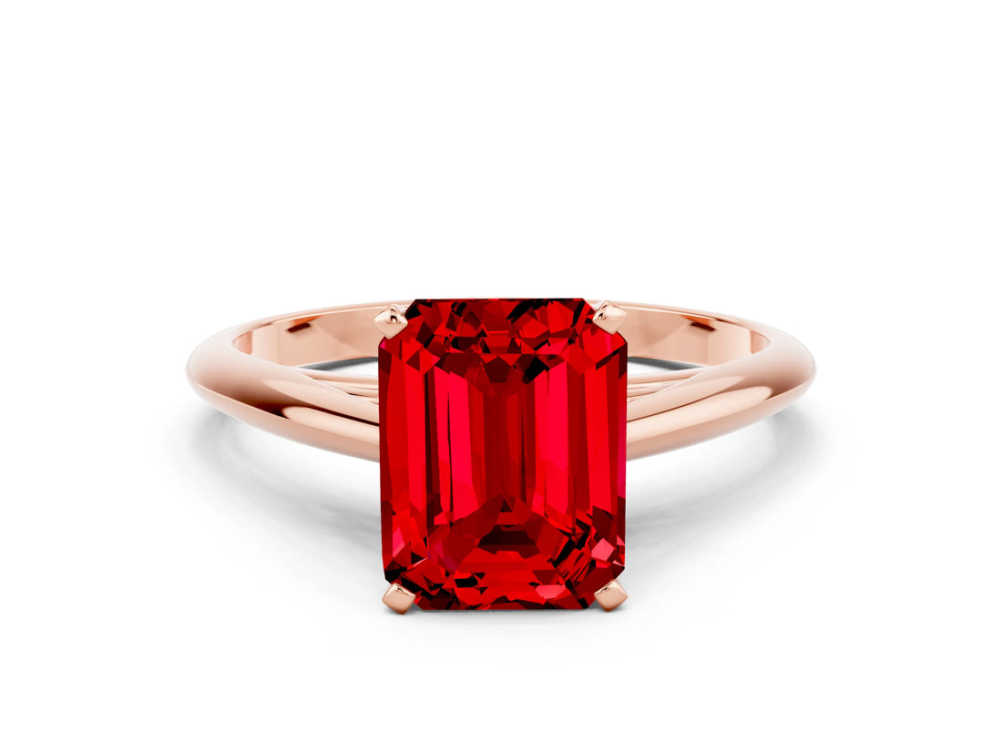Rose gold Emerald Cut Ruby Solitaire Engagement Ring with Cathedral Setting and Four-Prong Mount_30
