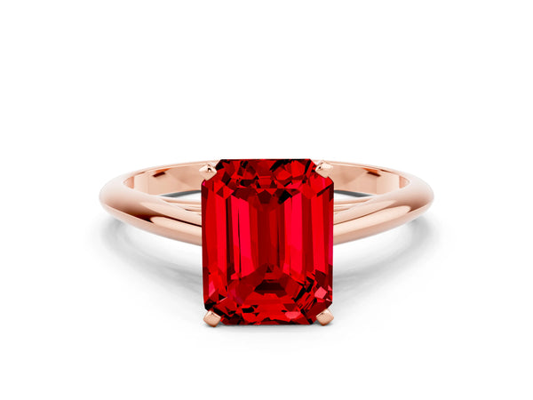 Rose gold Emerald Cut Ruby Solitaire Engagement Ring with Cathedral Setting and Four-Prong Mount