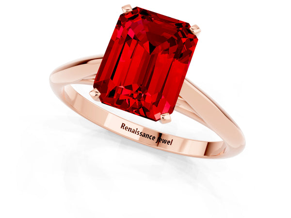 Rose gold Emerald Cut Ruby Solitaire Engagement Ring with Cathedral Setting and Four-Prong Mount