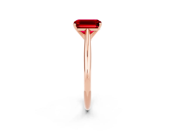 Rose gold Emerald Cut Ruby Solitaire Engagement Ring with Cathedral Setting and Four-Prong Mount