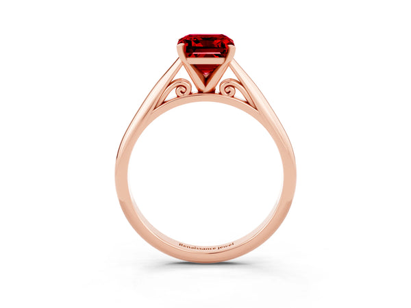Rose gold Emerald Cut Ruby Solitaire Engagement Ring with Cathedral Setting and Four-Prong Mount