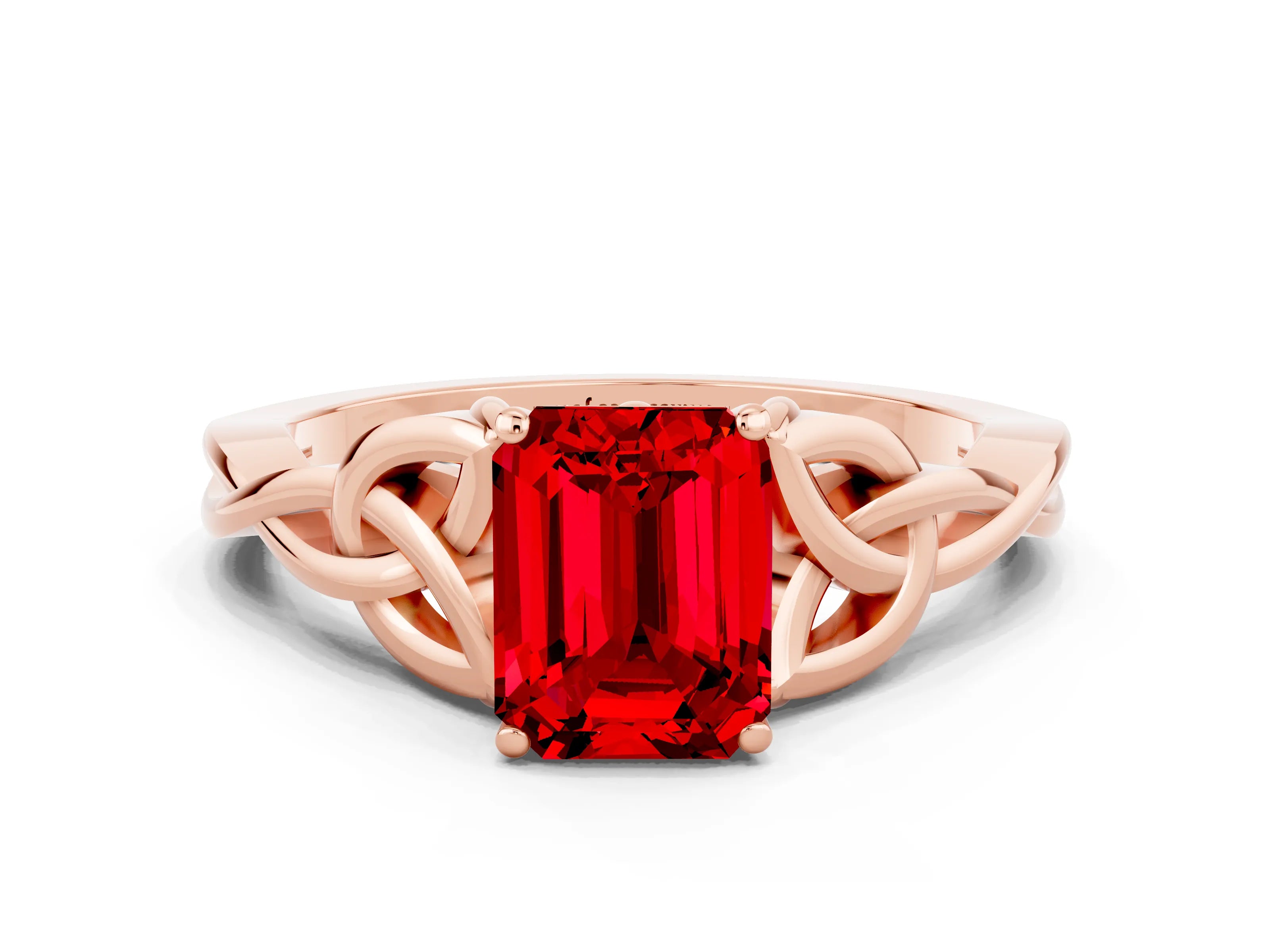 Rose gold Emerald Cut Ruby Solitaire Engagement Ring with Celtic Knot Band and Four-Prong Setting