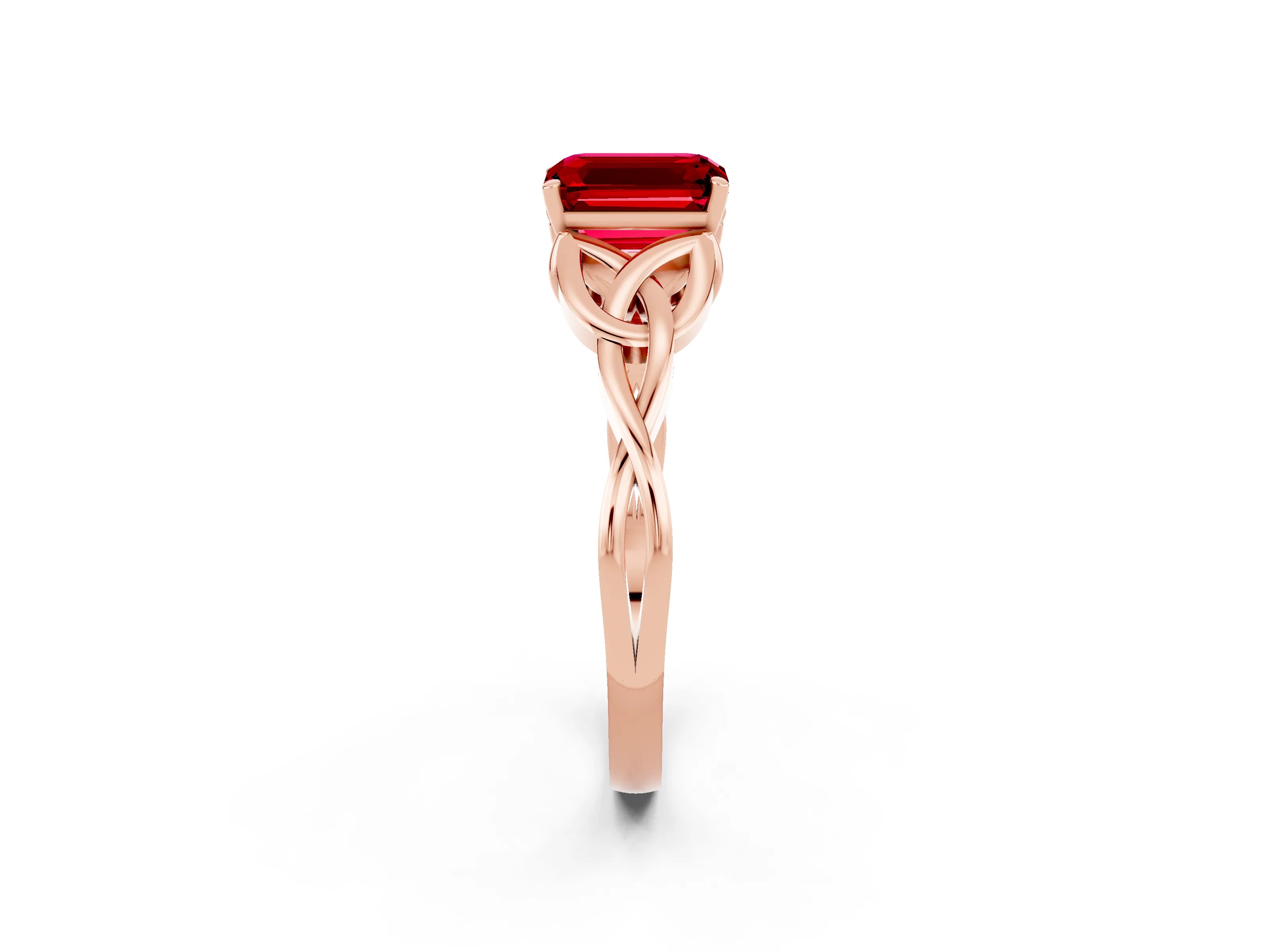 Rose gold Emerald Cut Ruby Solitaire Engagement Ring with Celtic Knot Band and Four-Prong Setting_2