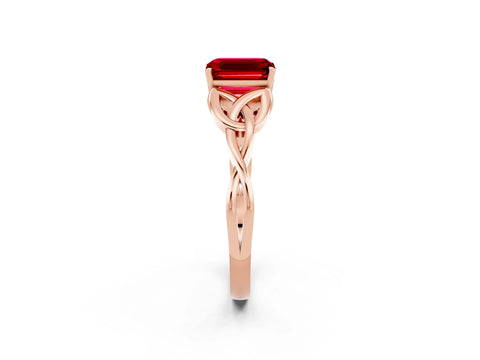 Rose gold Emerald Cut Ruby Solitaire Engagement Ring with Celtic Knot Band and Four-Prong Setting_2