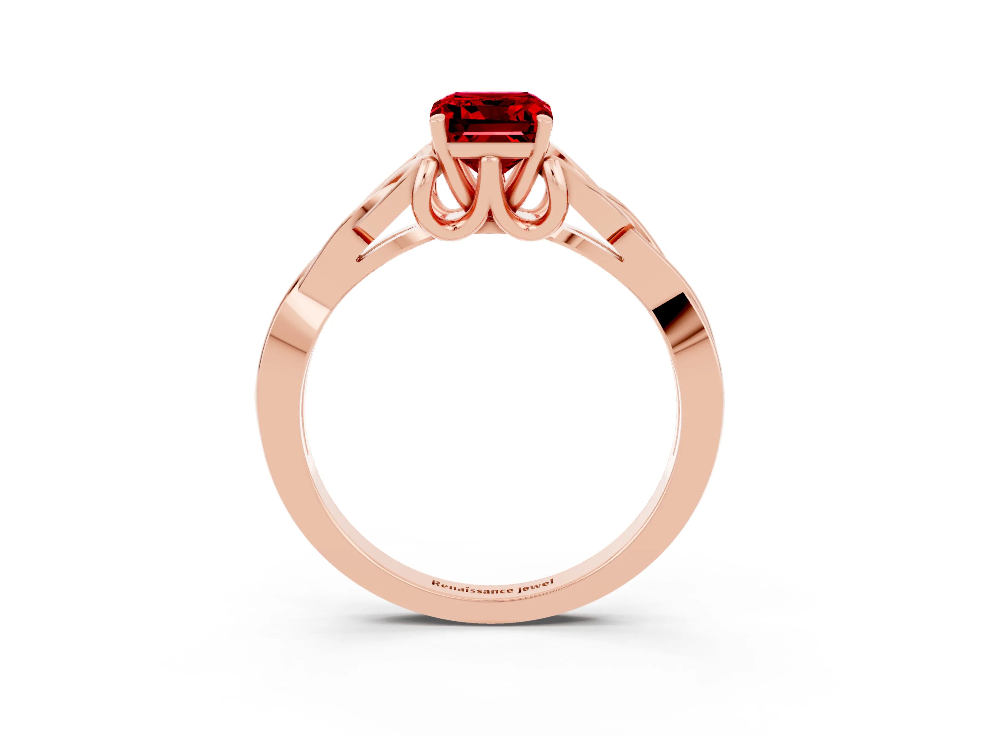 Rose gold Emerald Cut Ruby Solitaire Engagement Ring with Celtic Knot Band and Four-Prong Setting_3