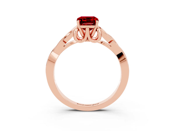 Rose gold Emerald Cut Ruby Solitaire Engagement Ring with Celtic Knot Band and Four-Prong Setting