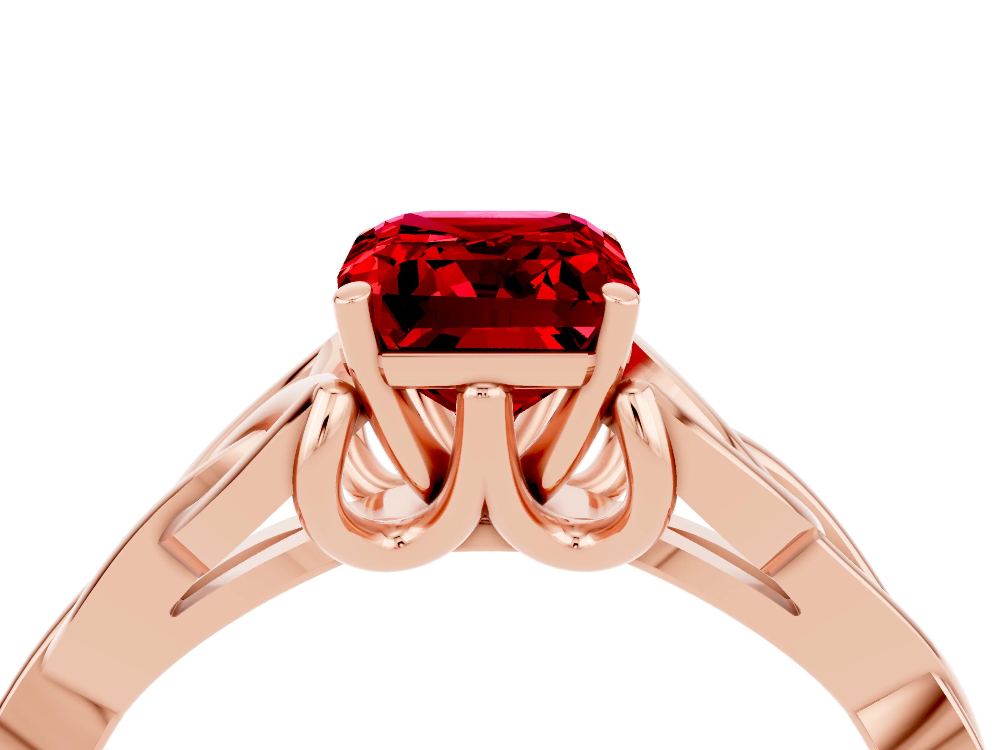 Rose gold Emerald Cut Ruby Solitaire Engagement Ring with Celtic Knot Band and Four-Prong Setting_4