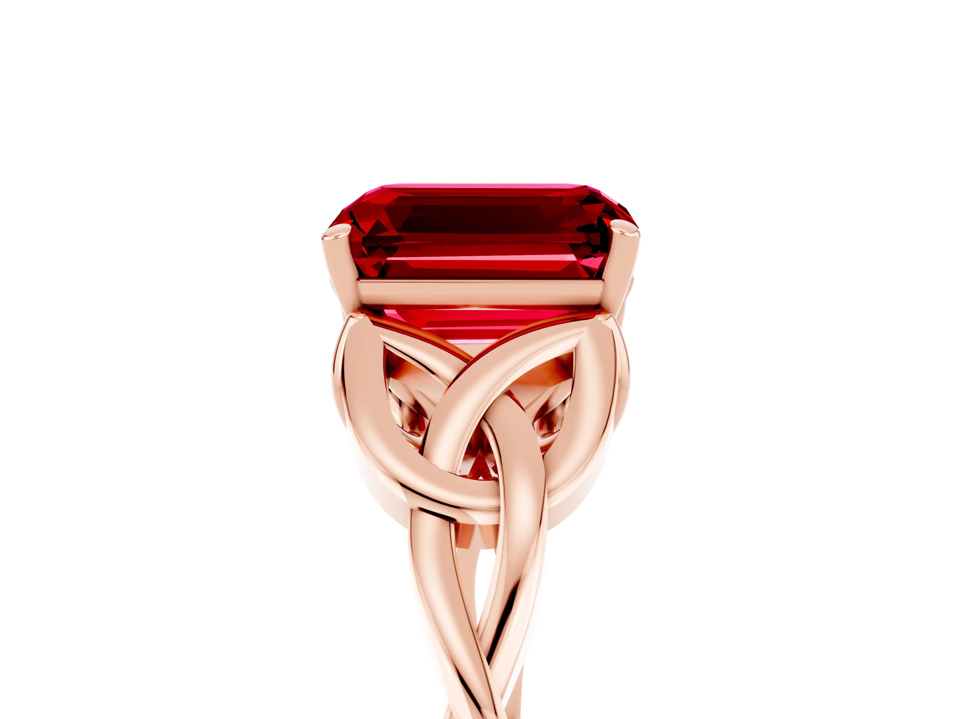 Rose gold Emerald Cut Ruby Solitaire Engagement Ring with Celtic Knot Band and Four-Prong Setting_5