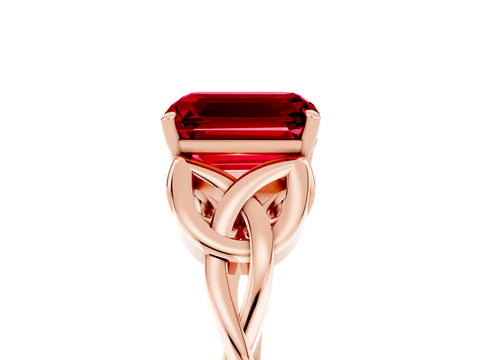 Rose gold Emerald Cut Ruby Solitaire Engagement Ring with Celtic Knot Band and Four-Prong Setting_5