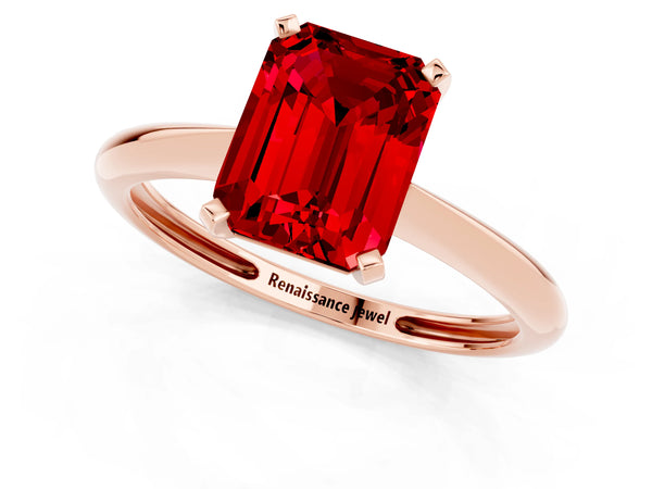 Rose gold Emerald Cut Ruby Solitaire Engagement Ring with Classic Band and Four-Prong Setting