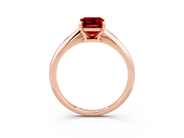 Rose gold Emerald Cut Ruby Solitaire Engagement Ring with Classic Band and Four-Prong Setting