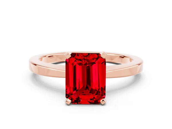 Rose gold Emerald Cut Ruby Solitaire Engagement Ring with Classic Band and Four-Prong Setting