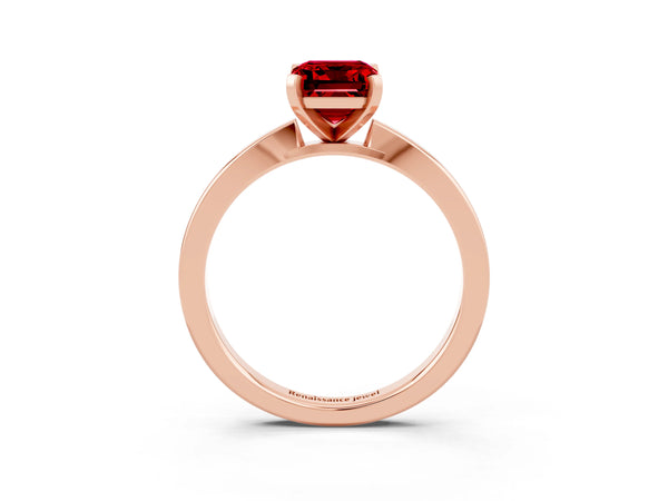 Rose gold Emerald Cut Ruby Solitaire Engagement Ring with Classic Band and Four-Prong Setting