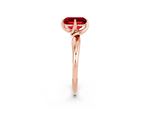Rose gold Emerald Cut Ruby Solitaire Engagement Ring with Four-Prong Setting and Classic Band