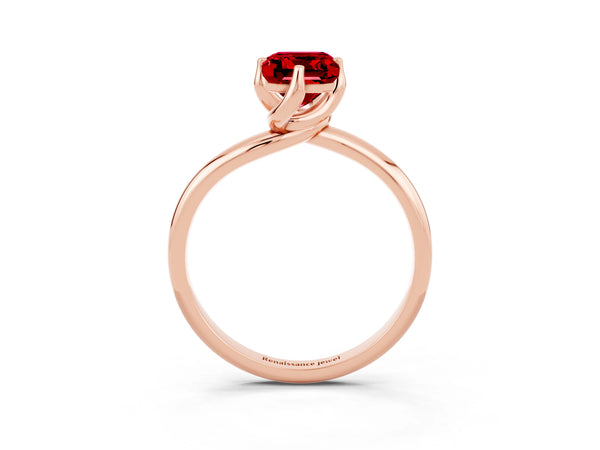 Rose gold Emerald Cut Ruby Solitaire Engagement Ring with Four-Prong Setting and Classic Band