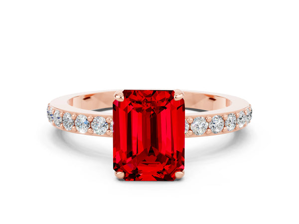 Rose gold Emerald Cut Ruby Solitaire Engagement Ring with Pavé Band and Four-Prong Setting