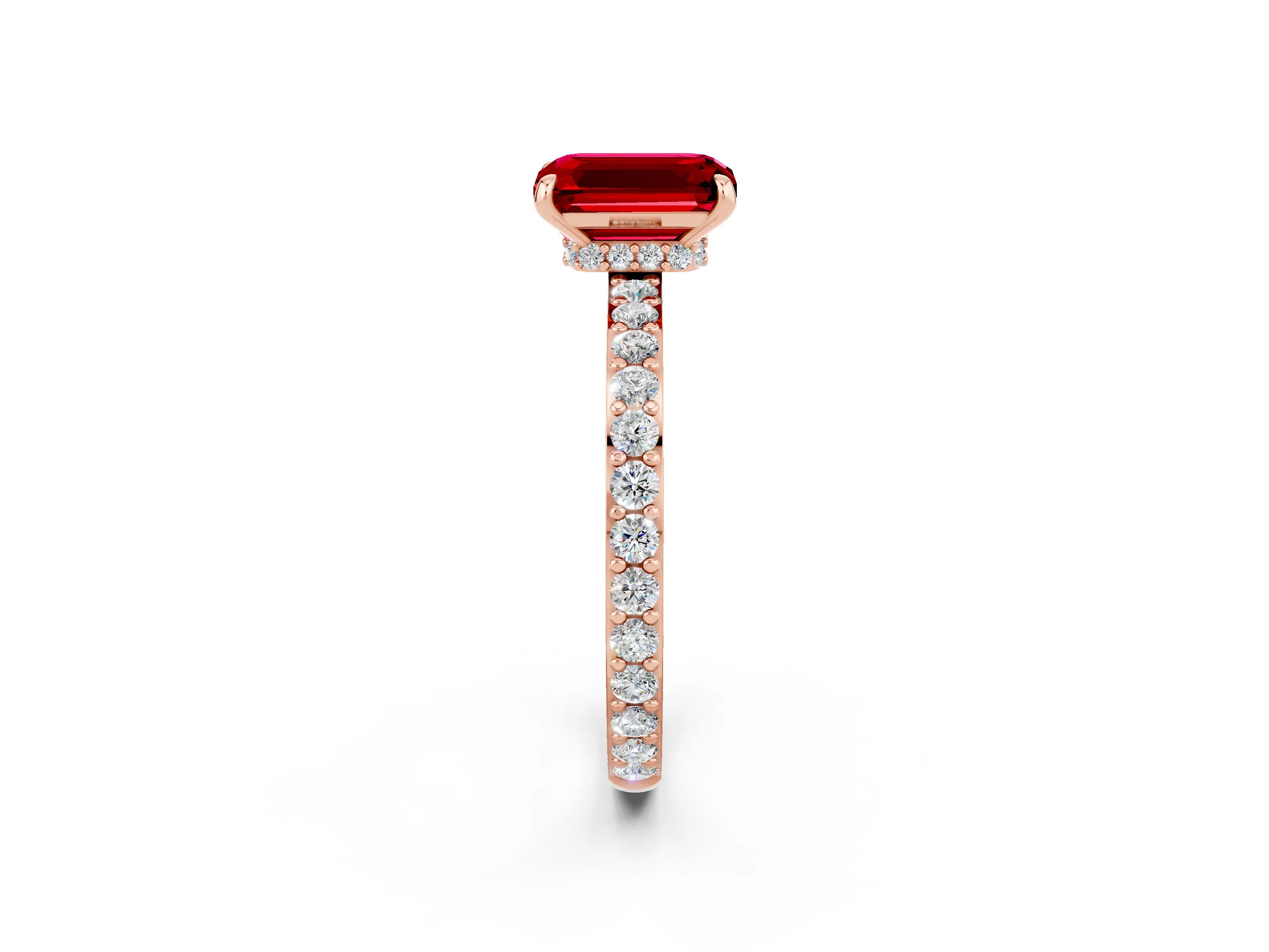 Rose gold Emerald Cut Ruby Solitaire Engagement Ring with Pavé Band and Four-Prong Setting_2