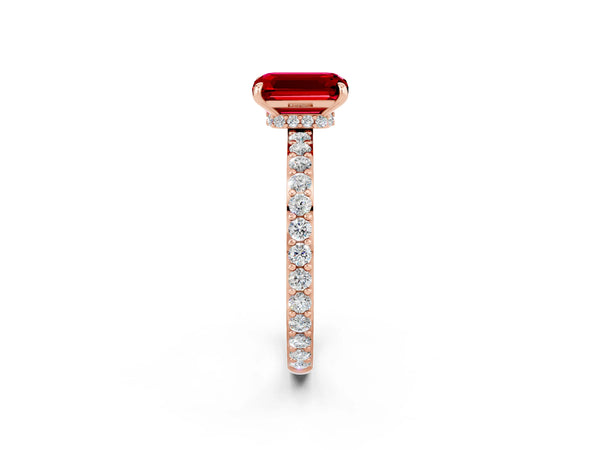 Rose gold Emerald Cut Ruby Solitaire Engagement Ring with Pavé Band and Four-Prong Setting