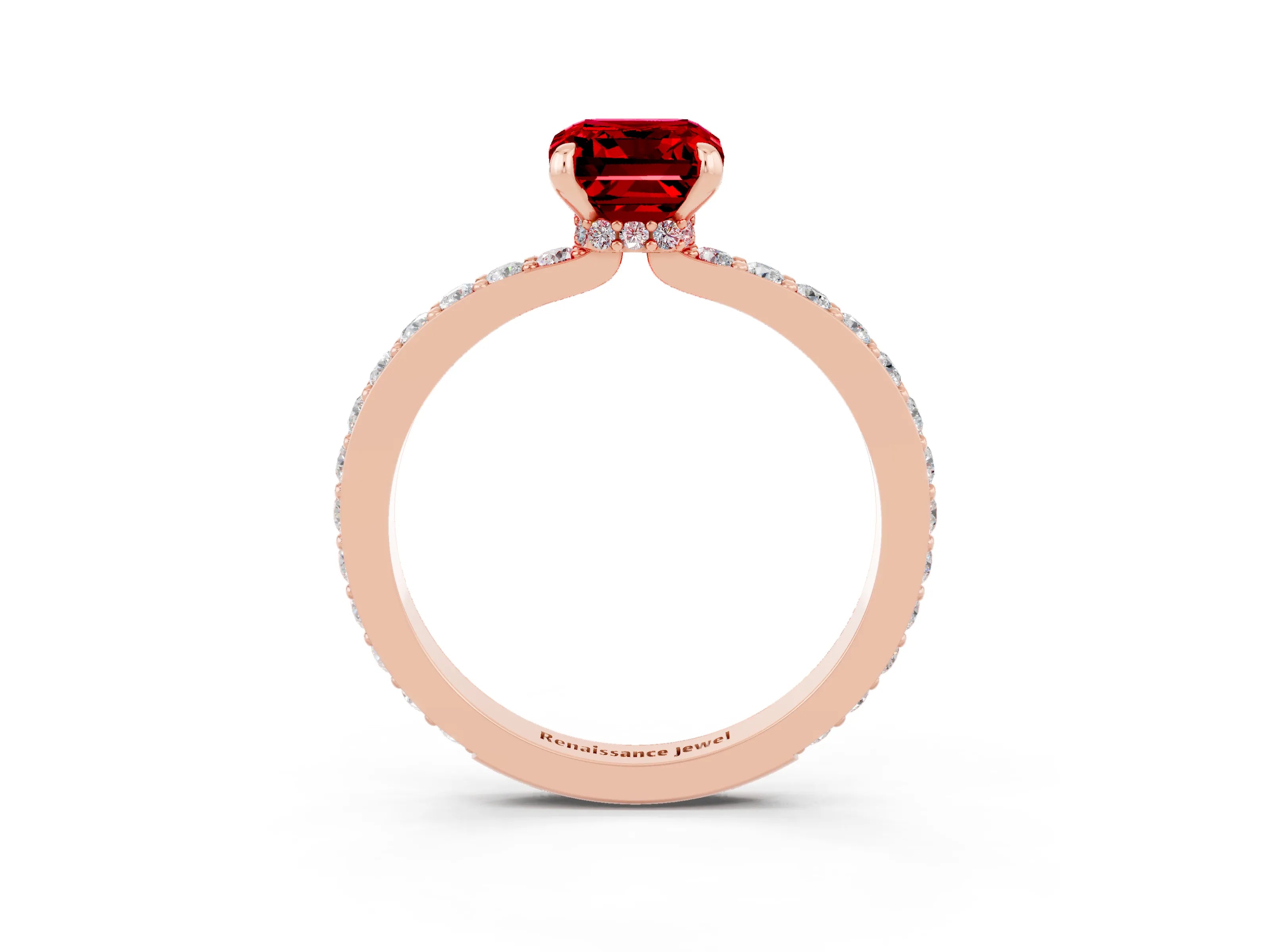 Rose gold Emerald Cut Ruby Solitaire Engagement Ring with Pavé Band and Four-Prong Setting_3