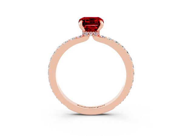 Rose gold Emerald Cut Ruby Solitaire Engagement Ring with Pavé Band and Four-Prong Setting