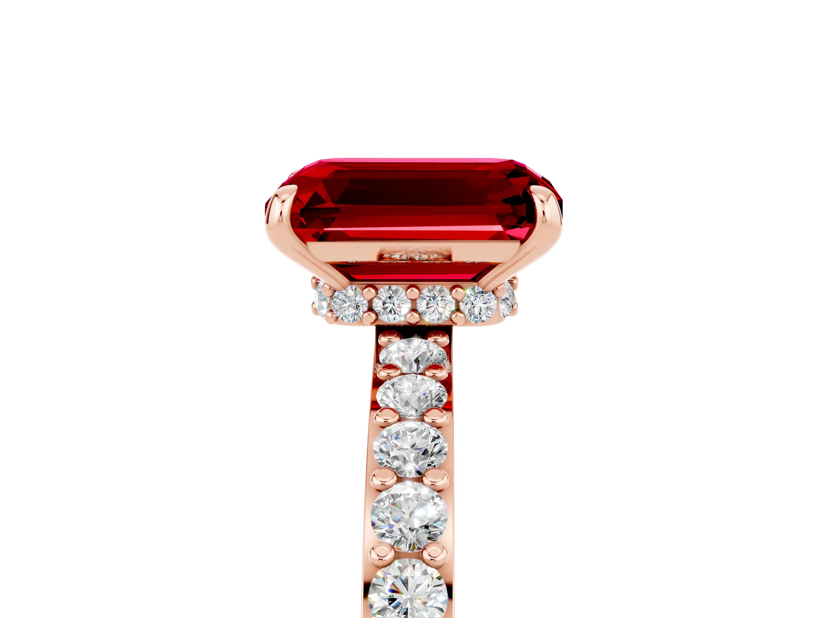 Rose gold Emerald Cut Ruby Solitaire Engagement Ring with Pavé Band and Four-Prong Setting_5