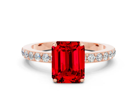 Rose gold Emerald Cut Ruby Solitaire Engagement Ring with Pavé Band and Four-Prong Setting