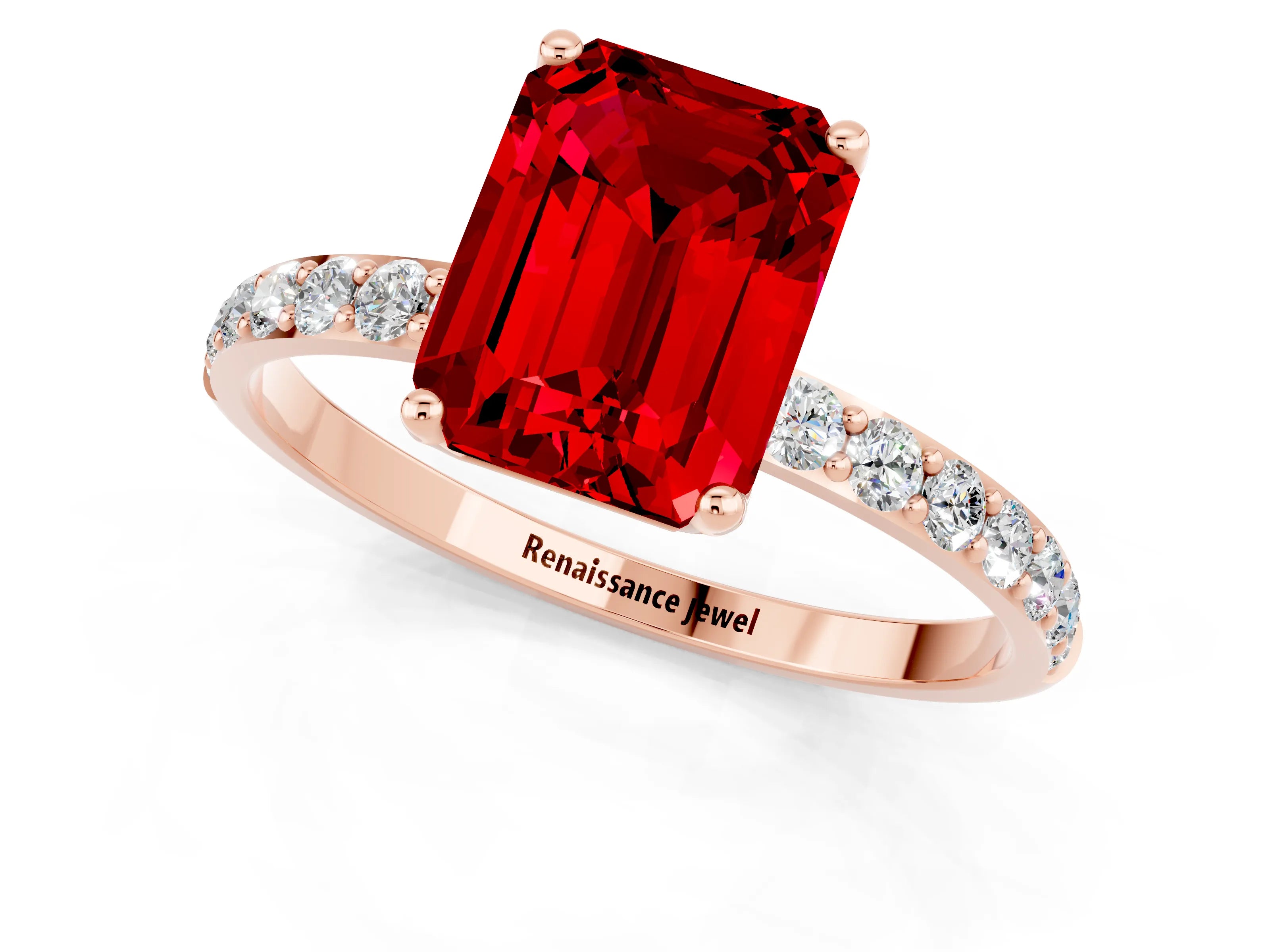 Rose gold Emerald Cut Ruby Solitaire Engagement Ring with Pavé Band and Prong Setting_1