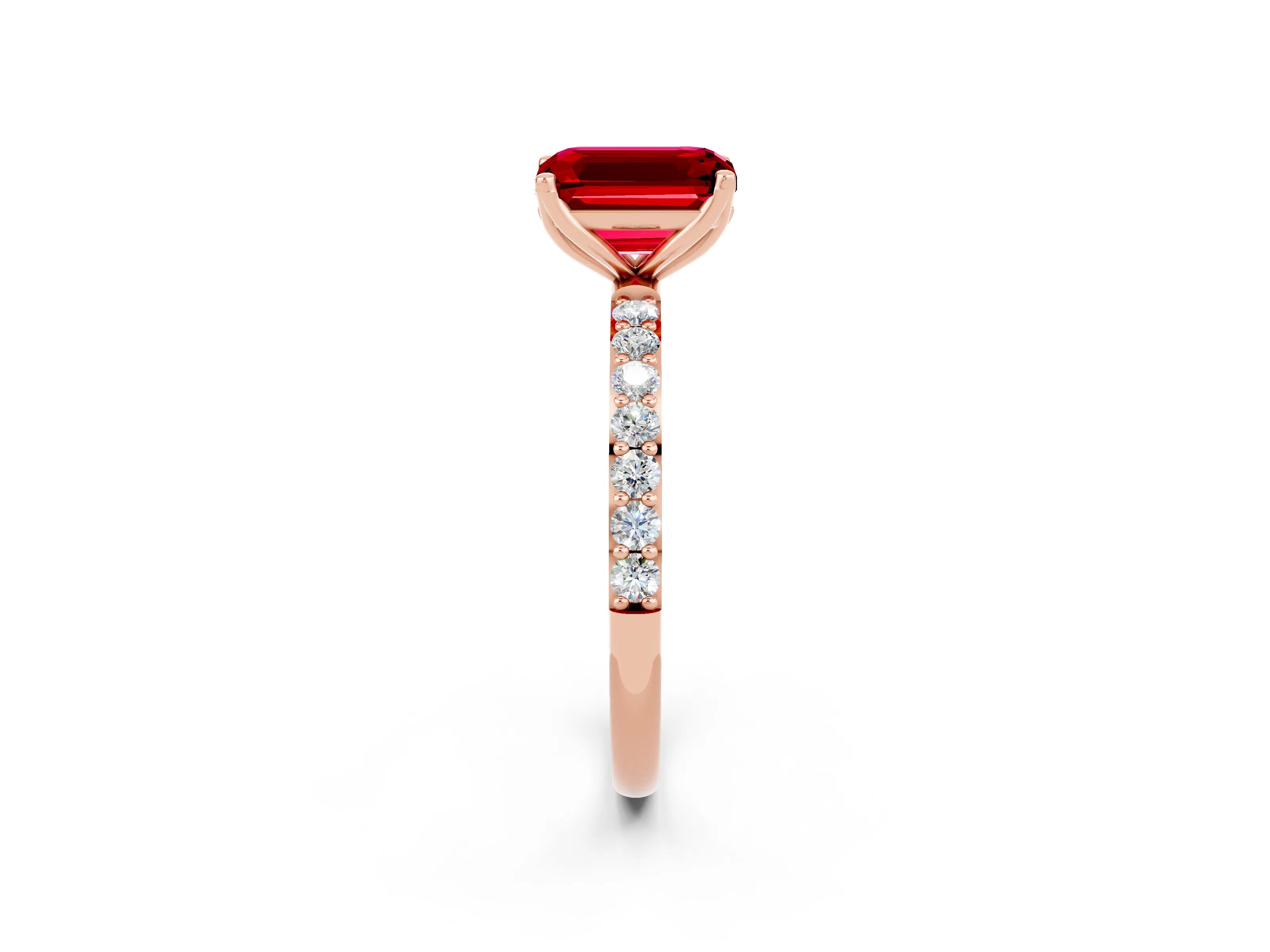 Rose gold Emerald Cut Ruby Solitaire Engagement Ring with Pavé Band and Prong Setting_2