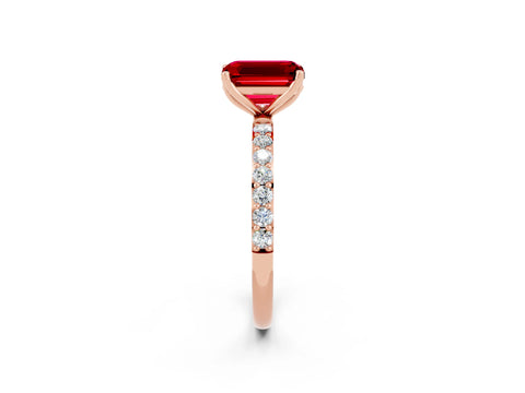 Rose gold Emerald Cut Ruby Solitaire Engagement Ring with Pavé Band and Prong Setting_2
