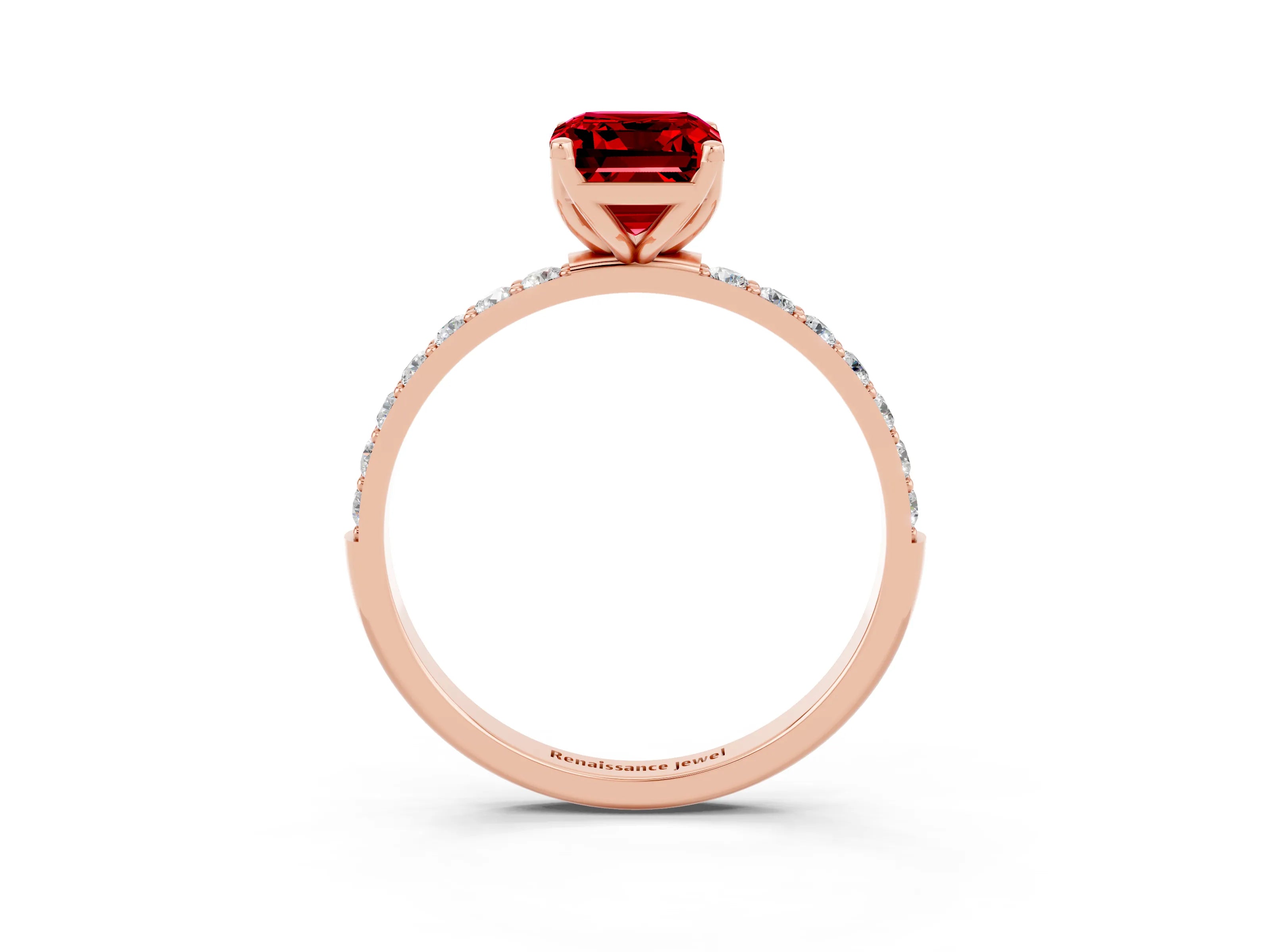 Rose gold Emerald Cut Ruby Solitaire Engagement Ring with Pavé Band and Prong Setting_3