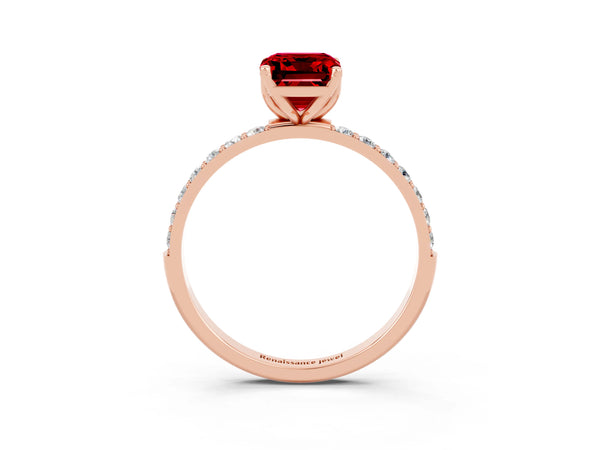 Rose gold Emerald Cut Ruby Solitaire Engagement Ring with Round  Pavé Band and Prong Setting