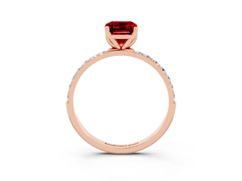 Rose gold Emerald Cut Ruby Solitaire Engagement Ring with Pavé Band and Prong Setting_3