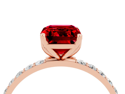 Rose gold Emerald Cut Ruby Solitaire Engagement Ring with Pavé Band and Prong Setting_4