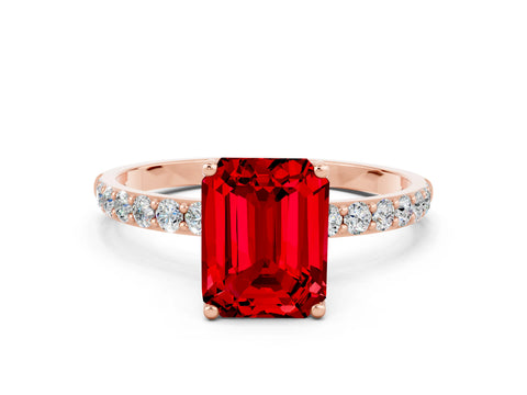 Rose gold Emerald Cut Ruby Solitaire Engagement Ring with Pavé Band and Prong Setting