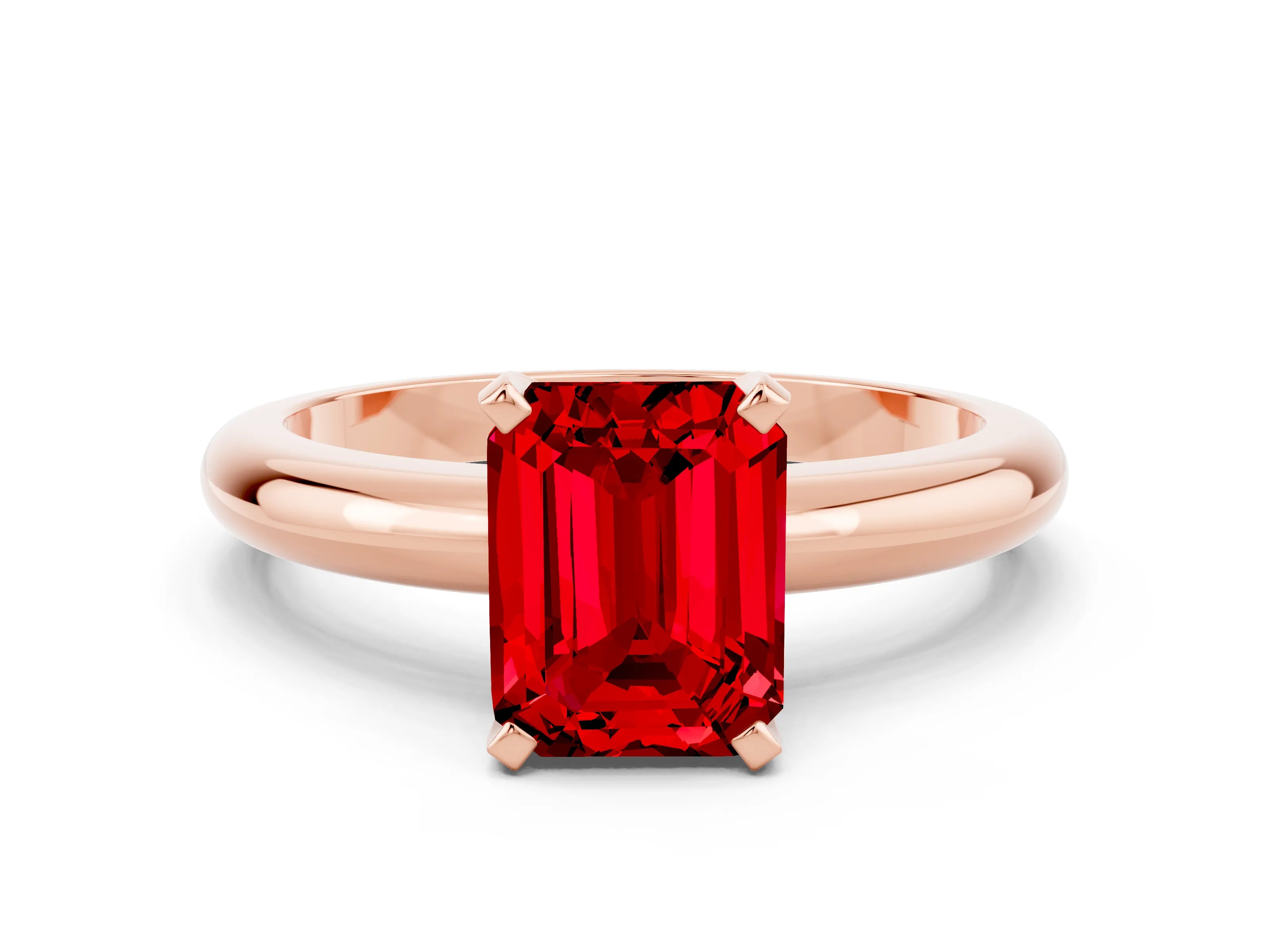 Rose gold Emerald Cut Ruby Solitaire Engagement Ring with Round Band and Four-Prong Setting