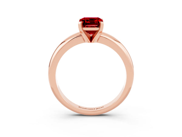 Rose gold Emerald Cut Ruby Solitaire Engagement Ring with Round Band and Four-Prong Setting