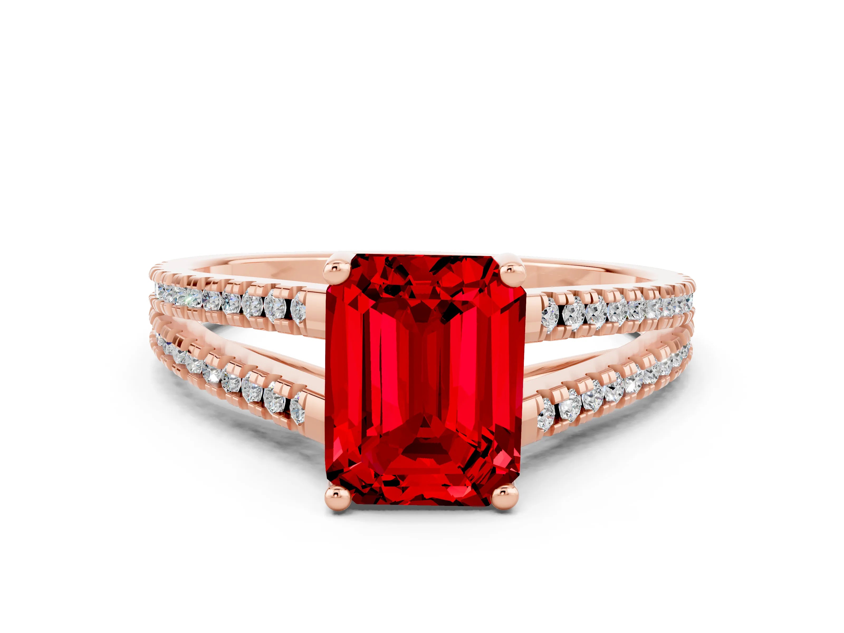Rose gold Emerald Cut Ruby Solitaire Engagement Ring with Split Shank Pavé Band