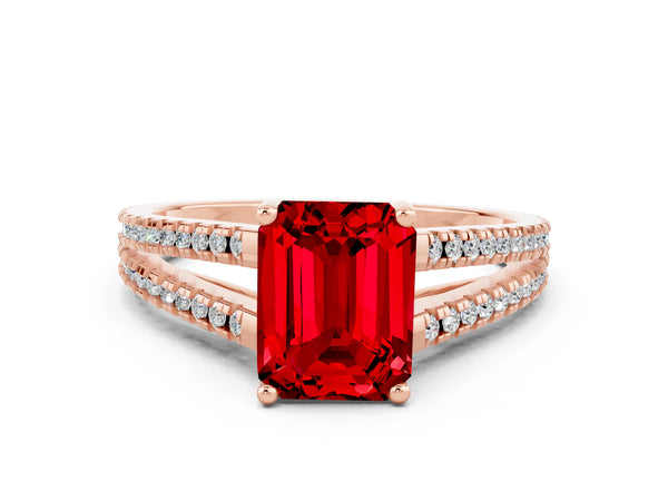 Rose gold Emerald Cut Ruby Solitaire Engagement Ring with Split Shank Pavé Band
