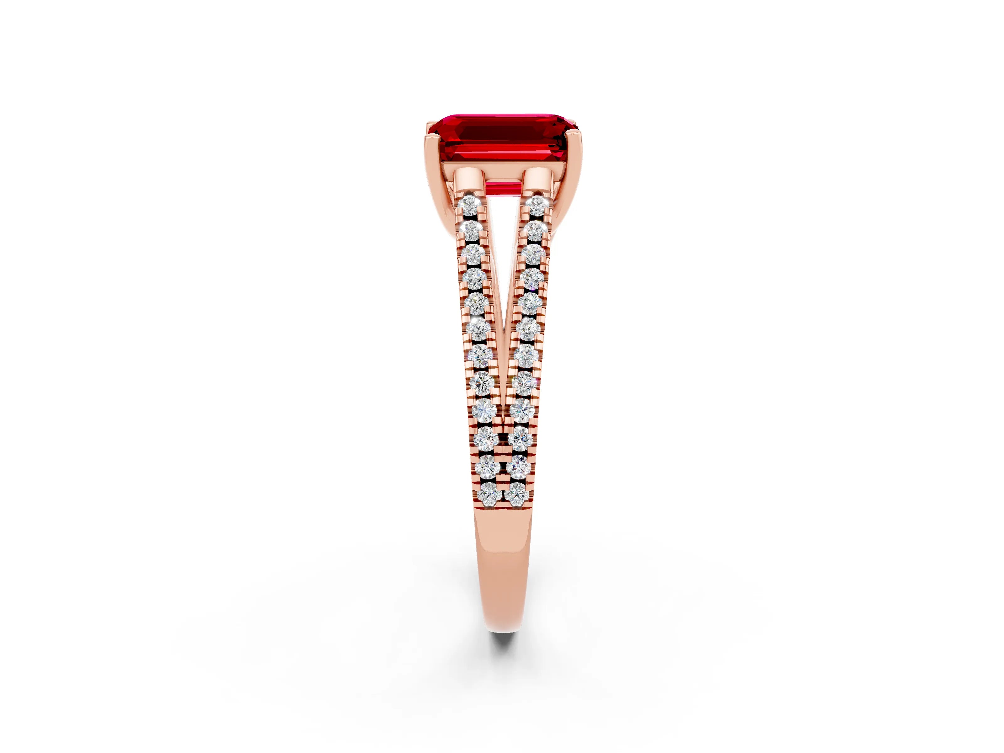 Rose gold Emerald Cut Ruby Solitaire Engagement Ring with Split Shank Pavé Band_2
