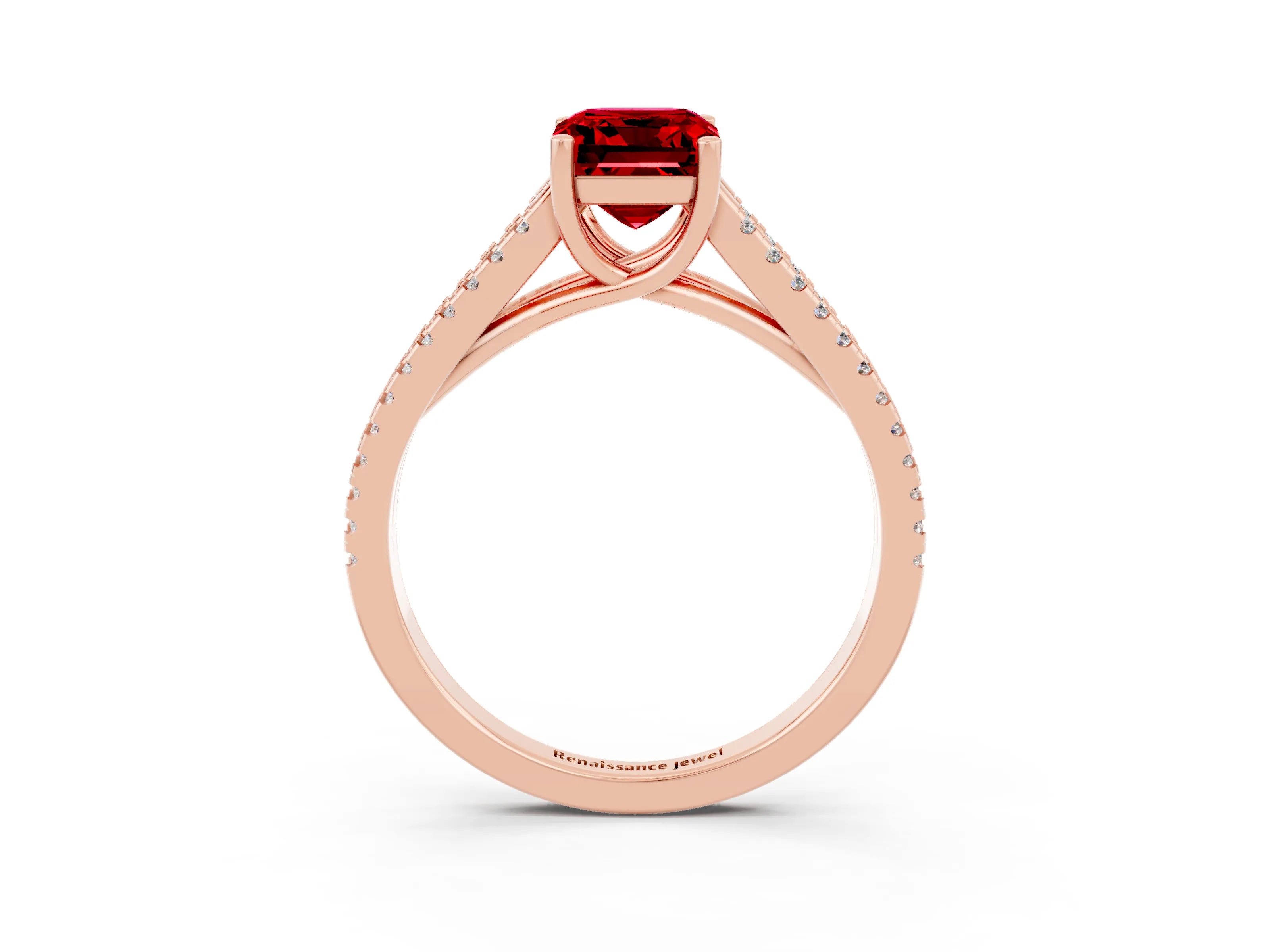 Rose gold Emerald Cut Ruby Solitaire Engagement Ring with Split Shank Pavé Band_3