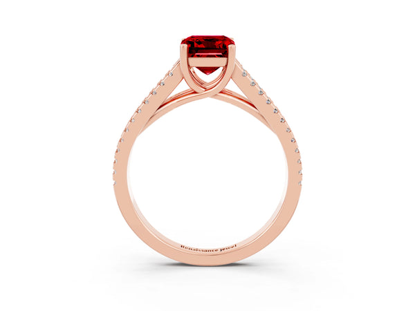 Rose gold Emerald Cut Ruby Solitaire Engagement Ring with Split Shank Pavé Band